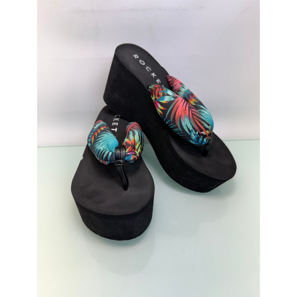 Rocket Dog Platform Flip Flop Sandals Women 6 Black Tropical Y2K Chunky Slides